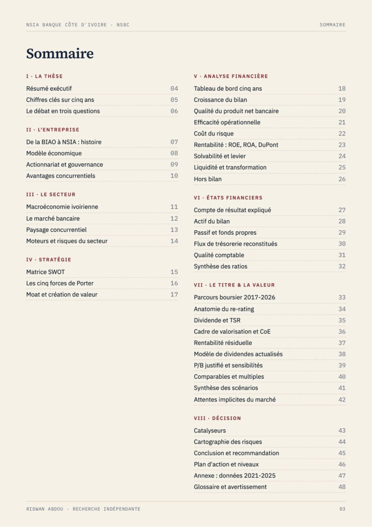 NSIA Banque Côte d'Ivoire · Rapport d'août 2026, sommaire (page 3)