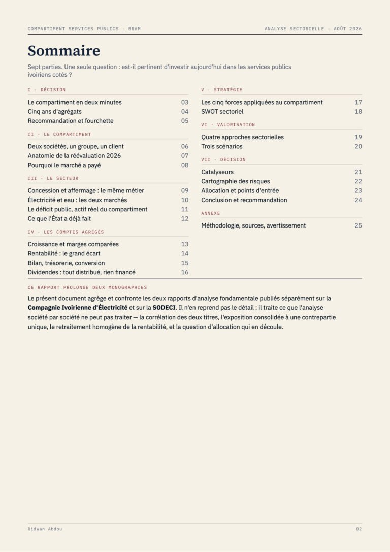 Services Publics · Rapport sectoriel d'août 2026, sommaire (page 2)