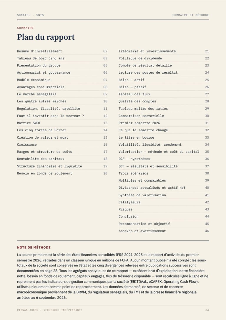 SONATEL · Rapport de septembre 2026, sommaire (page 4)