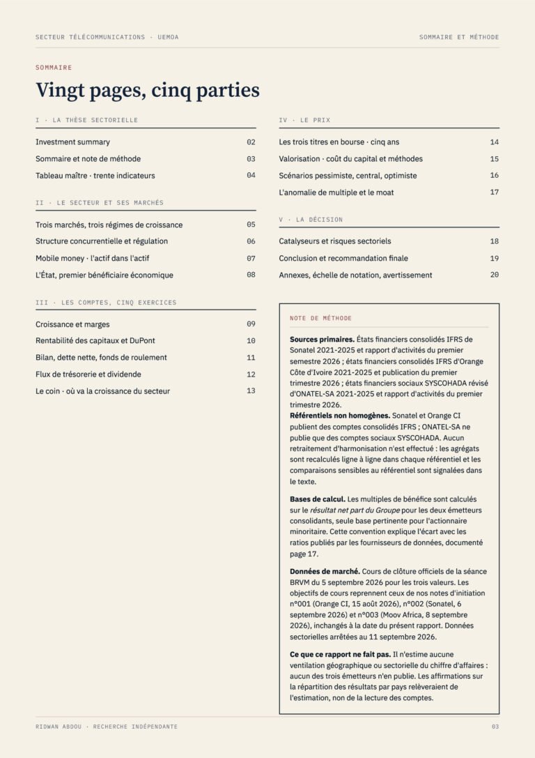 Télécommunications · Rapport sectoriel de septembre 2026, sommaire (page 3)