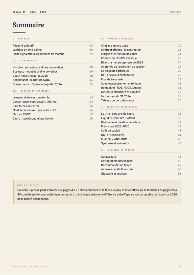 Uniwax · Rapport d'août 2026, sommaire (page 3)